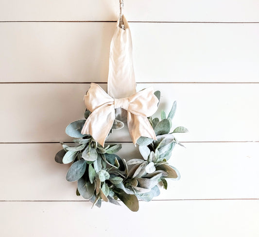 Faux Lambs Ear Wreath With White Bow