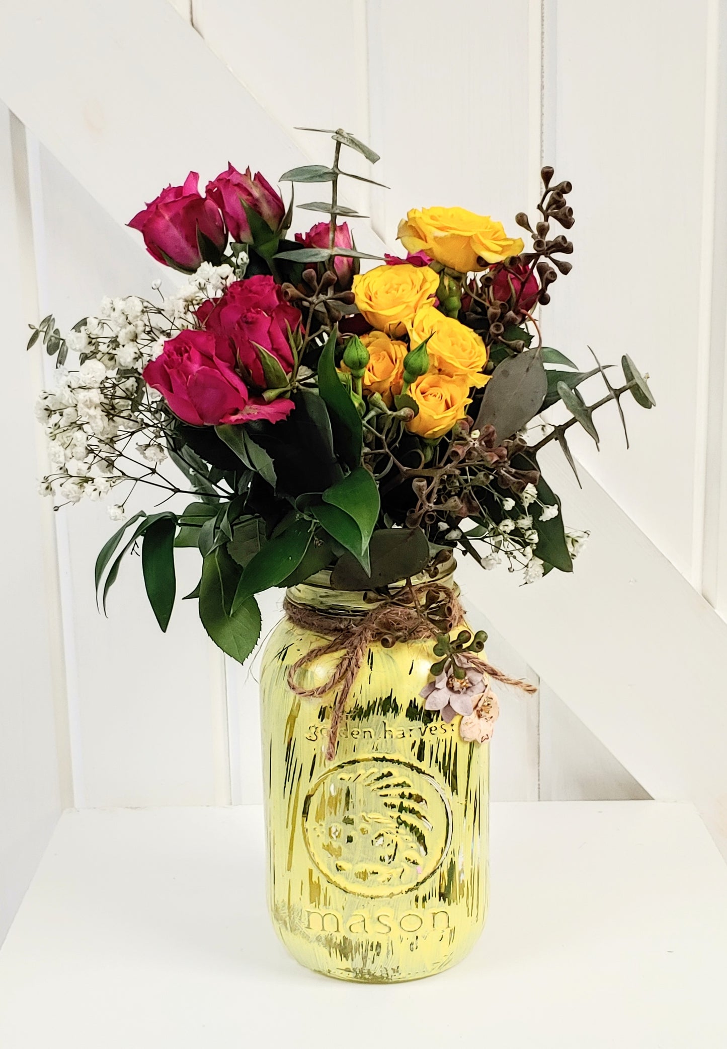 Hand Painted Mason Jar Floral Arrangement Yellow