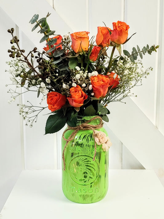 Hand Painted Mason Jar Floral Arrangement Lime Green