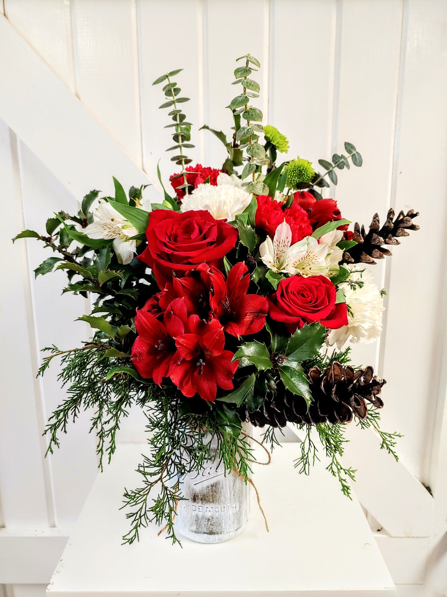 Distressed Mason Jar Christmas Arrangement