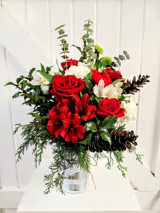 Distressed Mason Jar Christmas Arrangement