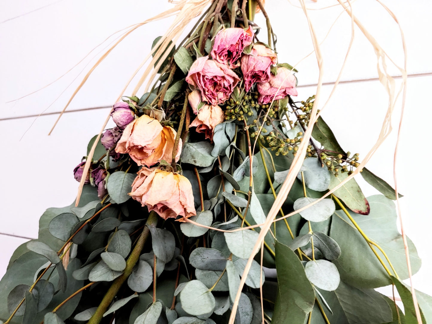 Fresh Eucalyptus Wall Hanging Swag With Dried Roses, Fresh Wreath, Boho Wall Deco, Wedding Decor, Kitchen Wall Decor, Mothers Day Gift,