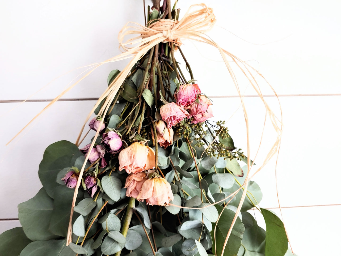 Fresh Eucalyptus Wall Hanging Swag With Dried Roses, Fresh Wreath, Boho Wall Deco, Wedding Decor, Kitchen Wall Decor, Mothers Day Gift,