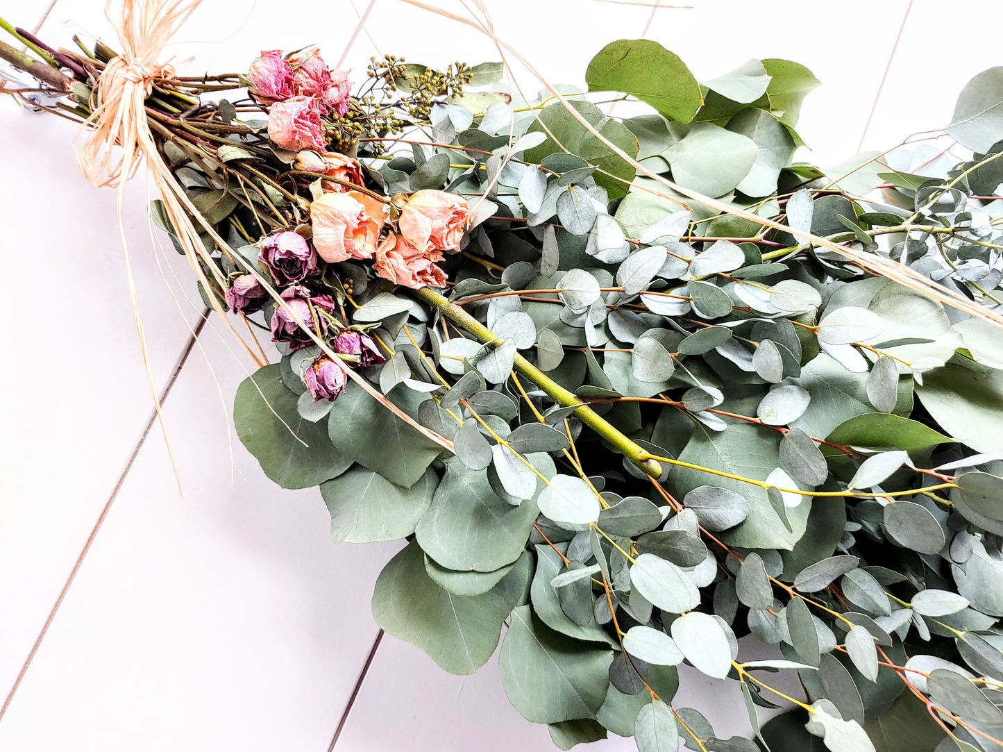 Fresh Eucalyptus Wall Hanging Swag With Dried Roses, Fresh Wreath, Boho Wall Deco, Wedding Decor, Kitchen Wall Decor, Mothers Day Gift,