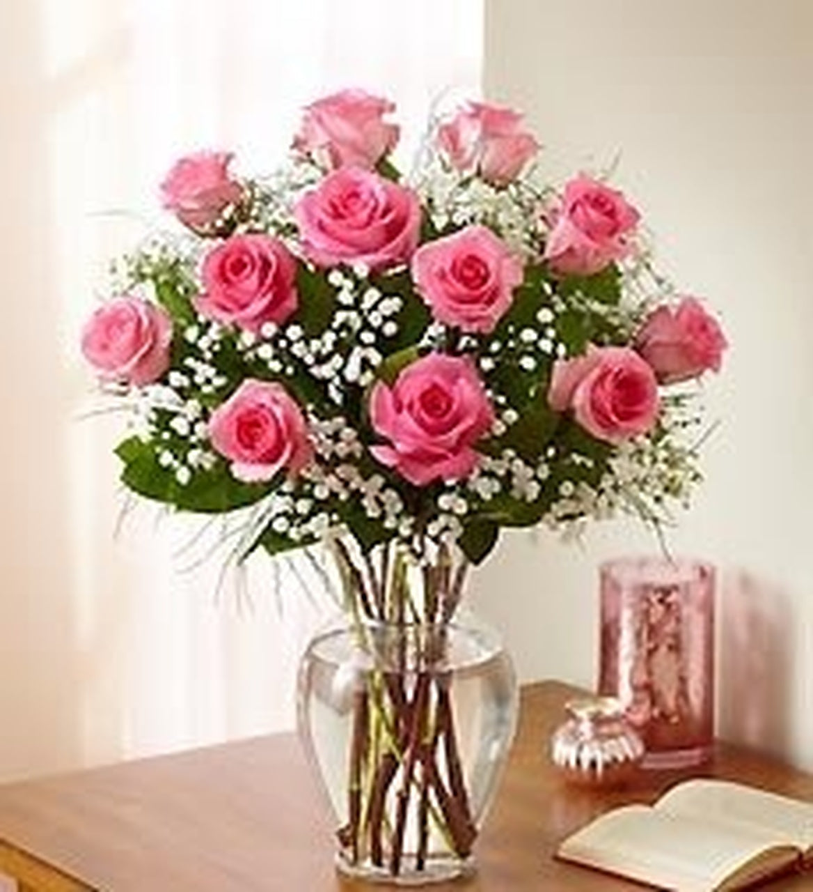 Dozen Long Stem Pink Roses Arrangement
