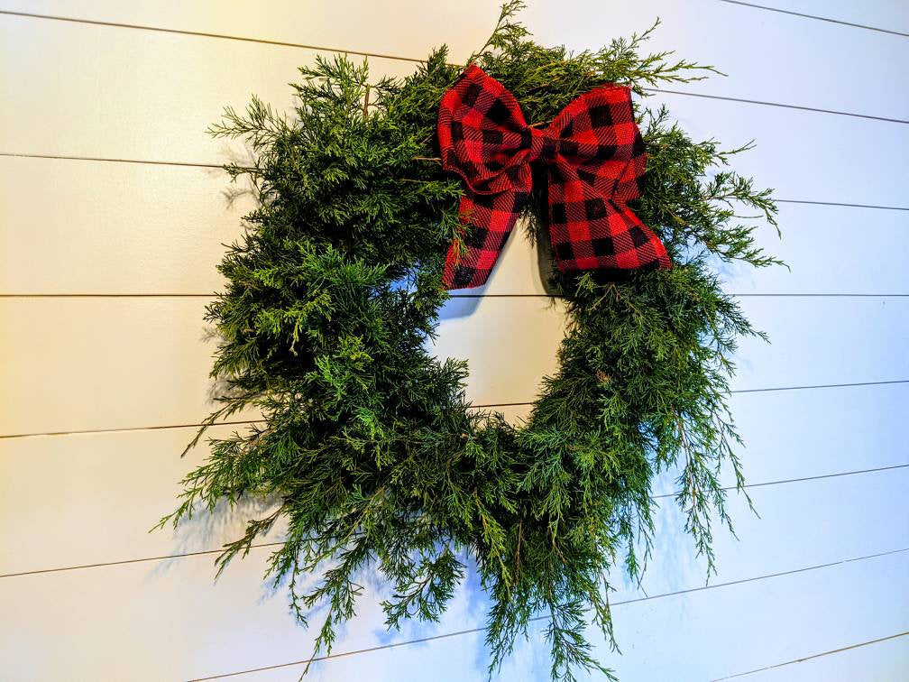 Fresh Christmas Wreath Cedar With Juniper Berries And Red Burlap Buffalo Bow, Live Christmas Wreath, Live Evergreen Christmas Wreath