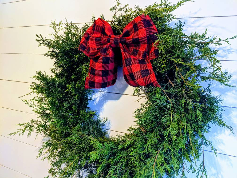 Fresh Christmas Wreath Cedar With Juniper Berries And Red Burlap Buffalo Bow, Live Christmas Wreath, Live Evergreen Christmas Wreath