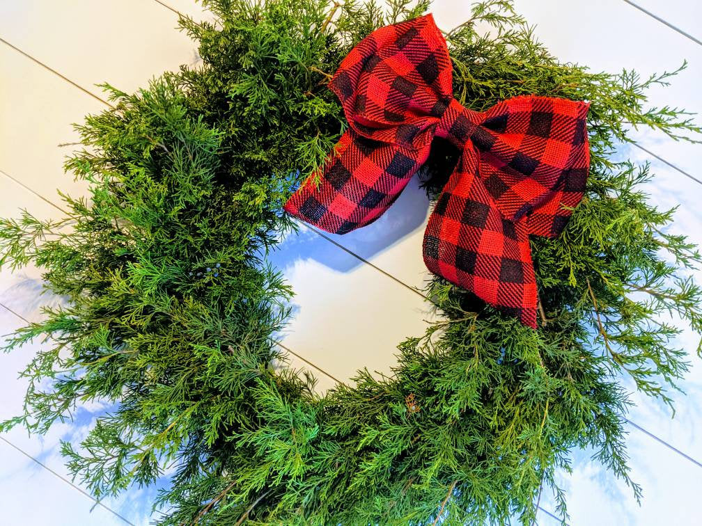 Fresh Christmas Wreath Cedar With Juniper Berries And Red Burlap Buffalo Bow, Live Christmas Wreath, Live Evergreen Christmas Wreath