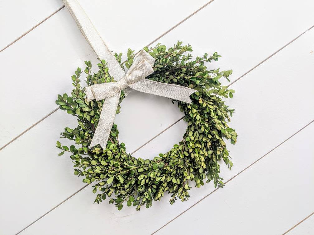 Fresh Boxwood Wreath For Window Or Door With White Bow, Farmhouse Wreath, Rustic Wreath, Green Wreath, Small Mini Wreath, Wedding Wreath