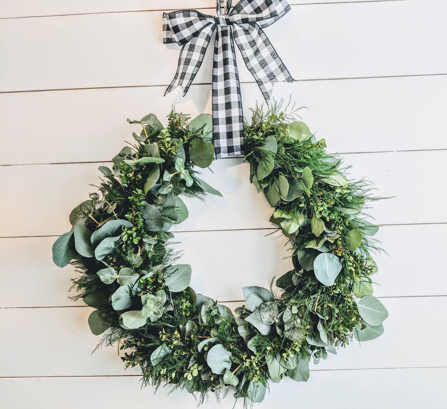 Fresh Eucalyptus Boxwood Wreath for window and door with buffalo plaid bow, Green Wreath, Rustic Wreath, Farmhouse Wreath, Wedding Wreath