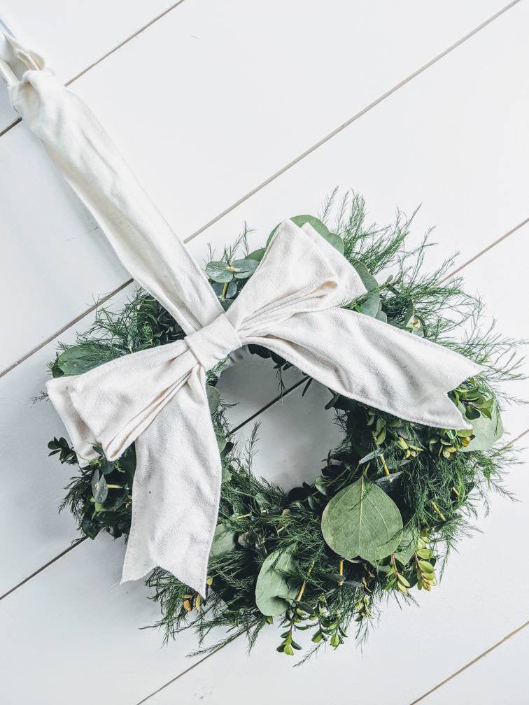 Fresh Eucalyptus Boxwood Wreath for window and door with white bow, Rustic Wreath, Farmhouse Wreath, Wedding Wreath, Kitchen Wreath