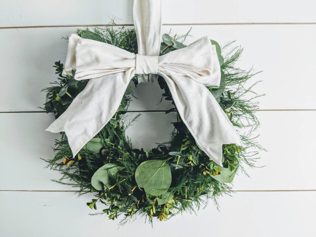 Fresh Eucalyptus Boxwood Wreath for window and door with white bow, Rustic Wreath, Farmhouse Wreath, Wedding Wreath, Kitchen Wreath