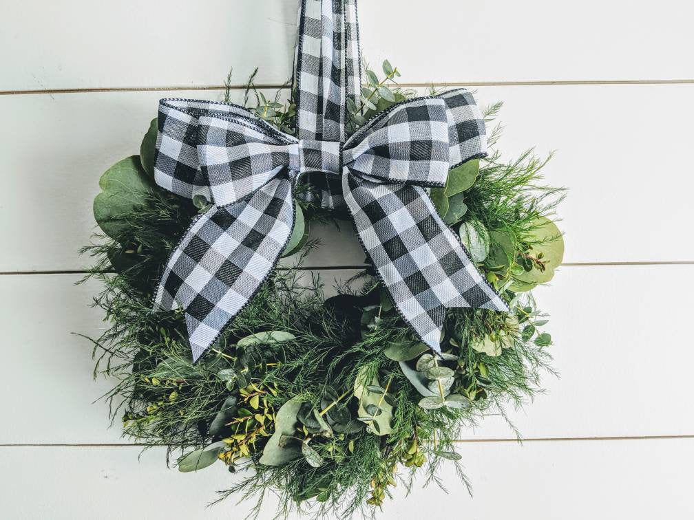 Fresh Eucalyptus Boxwood Wreath for window and door with Buffalo plaid bow, Rustic Wreath, Farmhouse Wreath, Wedding Wreath, Kitchen Wreath