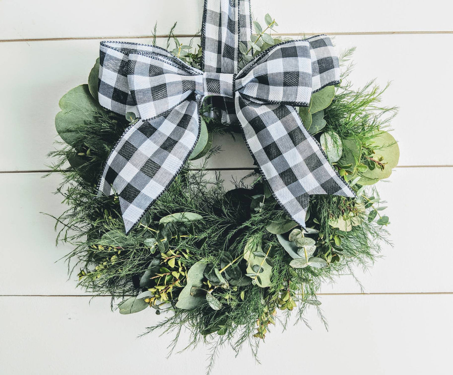 Fresh Eucalyptus Boxwood Wreath for window and door with Buffalo plaid bow, Rustic Wreath, Farmhouse Wreath, Wedding Wreath, Kitchen Wreath