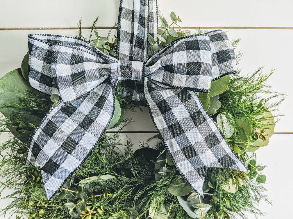 Fresh Eucalyptus Boxwood Wreath for window and door with Buffalo plaid bow, Rustic Wreath, Farmhouse Wreath, Wedding Wreath, Kitchen Wreath