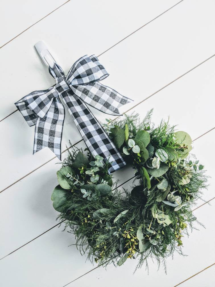 Fresh Eucalyptus Boxwood Wreath for window and door with buffalo plaid bow, Green Wreath, Rustic Wreath, Farmhouse Wreath, Wedding Wreath