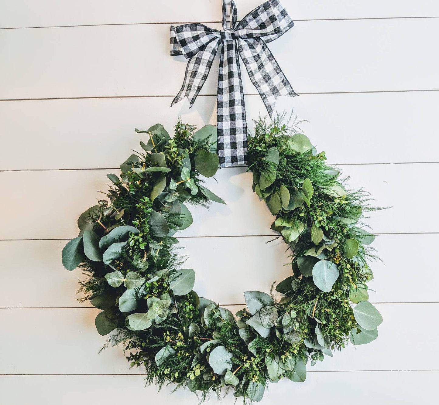 Fresh Eucalyptus Boxwood Wreath for window and door with buffalo plaid bow, Green Wreath, Rustic Wreath, Farmhouse Wreath, Wedding Wreath