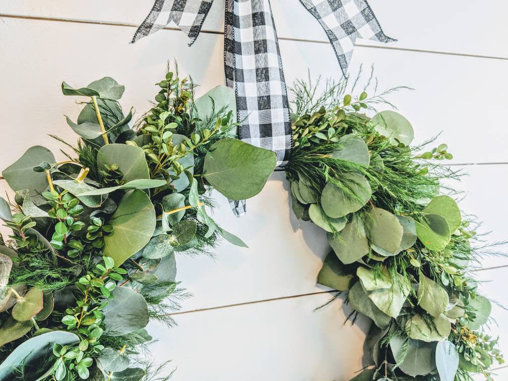Fresh Eucalyptus Boxwood Wreath for window and door with buffalo plaid bow, Green Wreath, Rustic Wreath, Farmhouse Wreath, Wedding Wreath