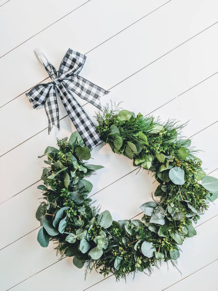 Fresh Eucalyptus Boxwood Wreath for window and door with buffalo plaid bow, Green Wreath, Rustic Wreath, Farmhouse Wreath, Wedding Wreath