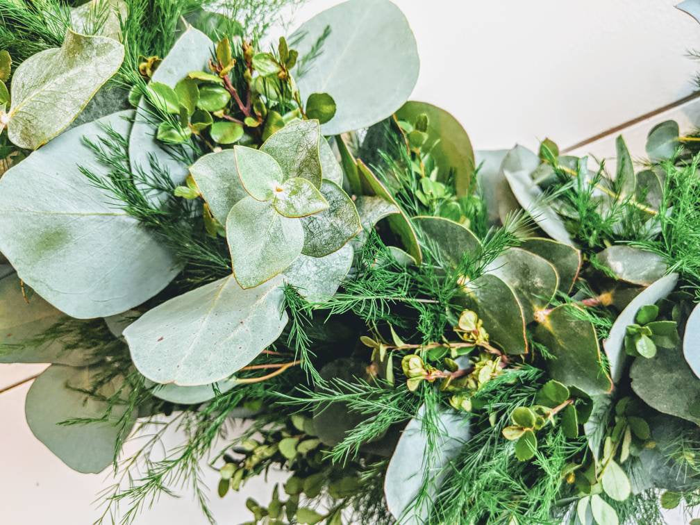 Fresh Eucalyptus Boxwood Wreath for window and door with buffalo plaid bow, Green Wreath, Rustic Wreath, Farmhouse Wreath, Wedding Wreath