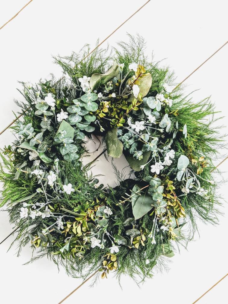 Fresh Eucalyptus Boxwood Spring Wreath for window and door with real babies breath flowers, Rustic Wreath, Farmhouse Wreath, Wedding Wreath