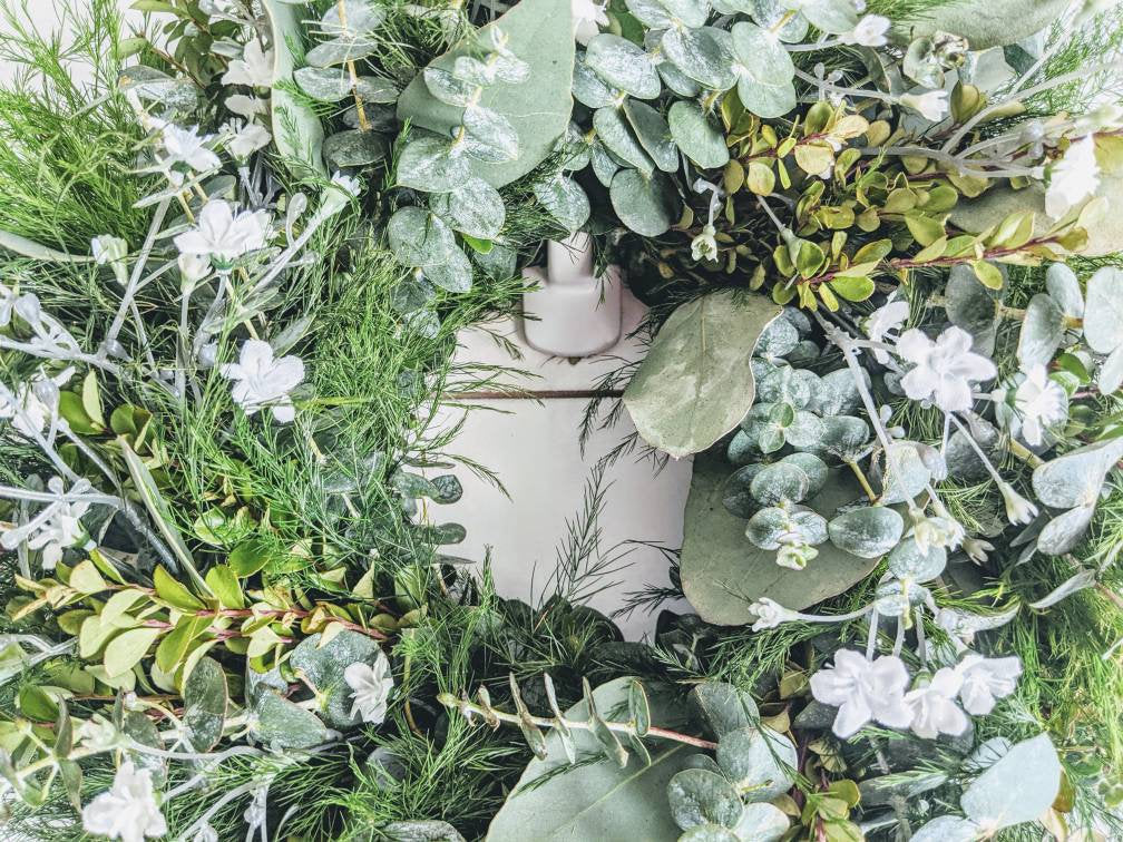 Fresh Eucalyptus Boxwood Spring Wreath for window and door with real babies breath flowers, Rustic Wreath, Farmhouse Wreath, Wedding Wreath