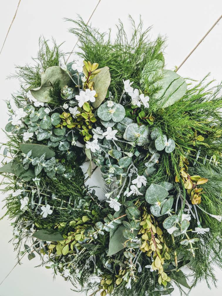Fresh Eucalyptus Boxwood Spring Wreath for window and door with real babies breath flowers, Rustic Wreath, Farmhouse Wreath, Wedding Wreath