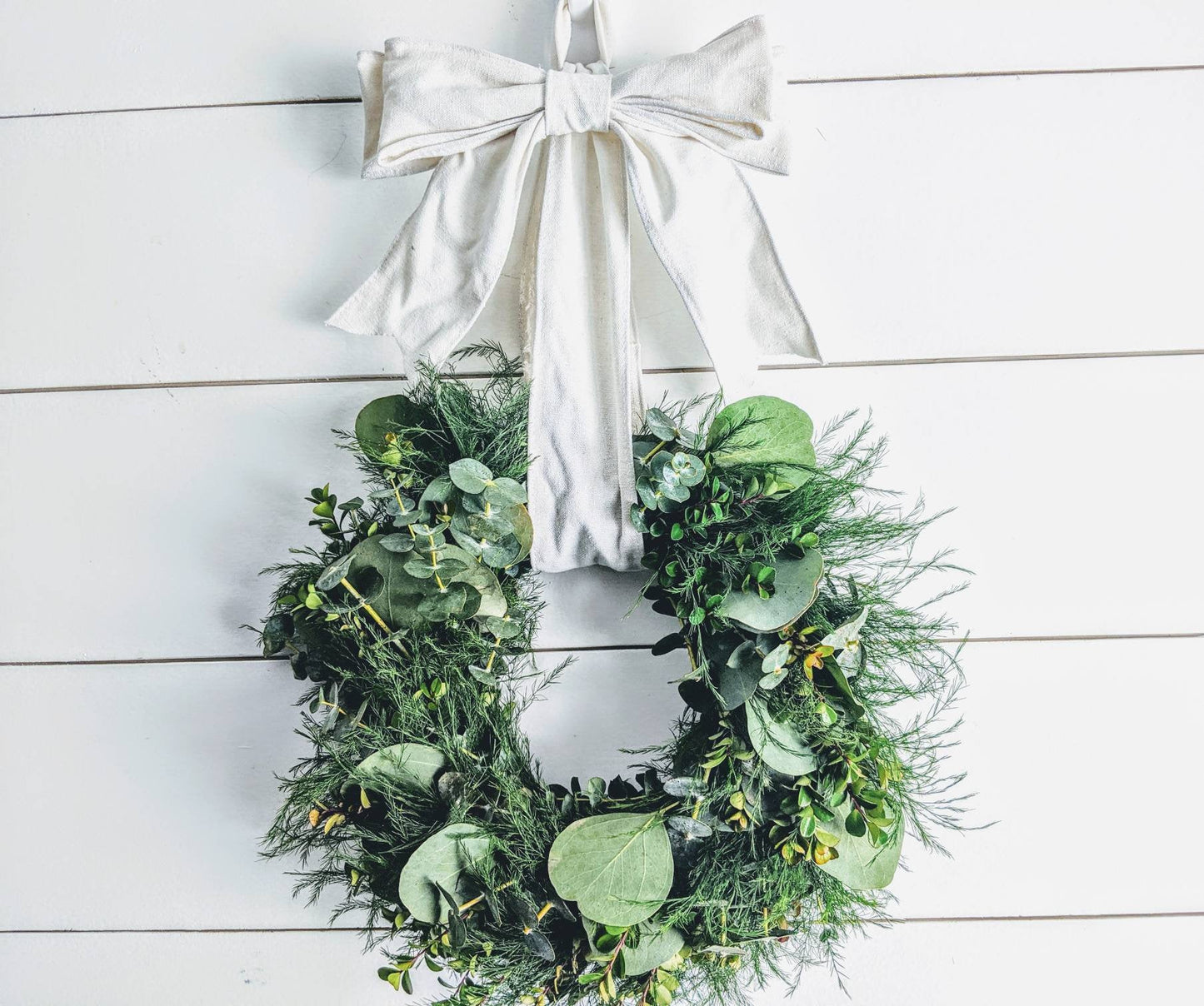 Fresh Eucalyptus Boxwood Wreath for window and door with white bow, Rustic Wreath, Farmhouse Wreath, Wedding Wreath, Kitchen Wreath