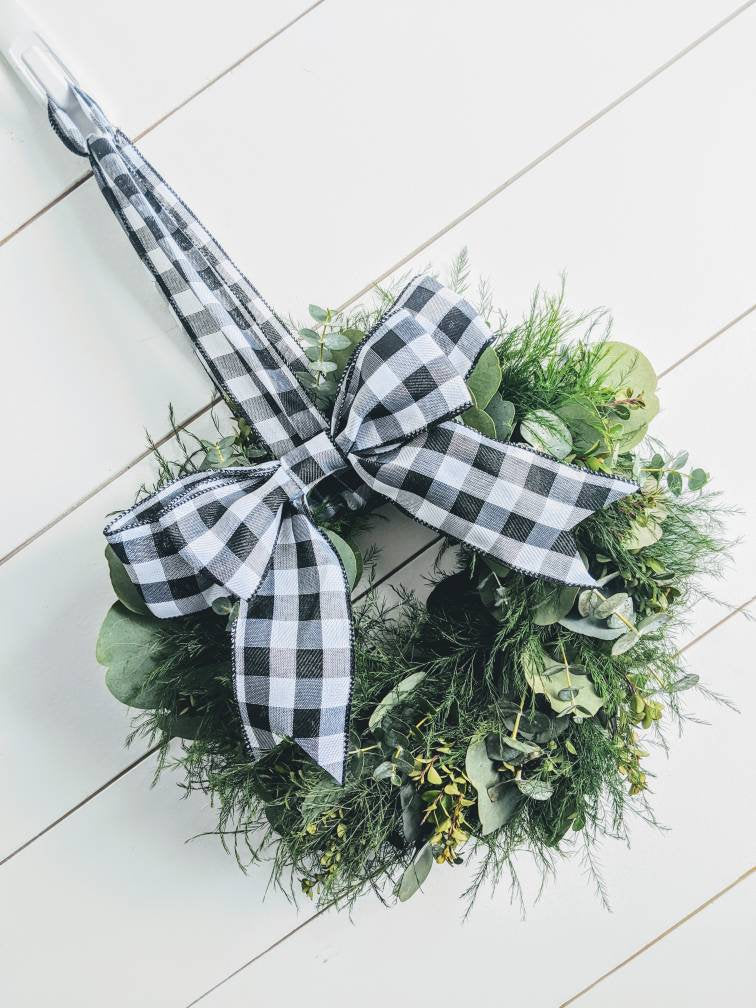 Fresh Eucalyptus Boxwood Wreath for window and door with Buffalo plaid bow, Rustic Wreath, Farmhouse Wreath, Wedding Wreath, Kitchen Wreath
