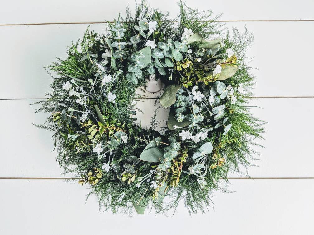 Fresh Eucalyptus Boxwood Spring Wreath for window and door with real babies breath flowers, Rustic Wreath, Farmhouse Wreath, Wedding Wreath