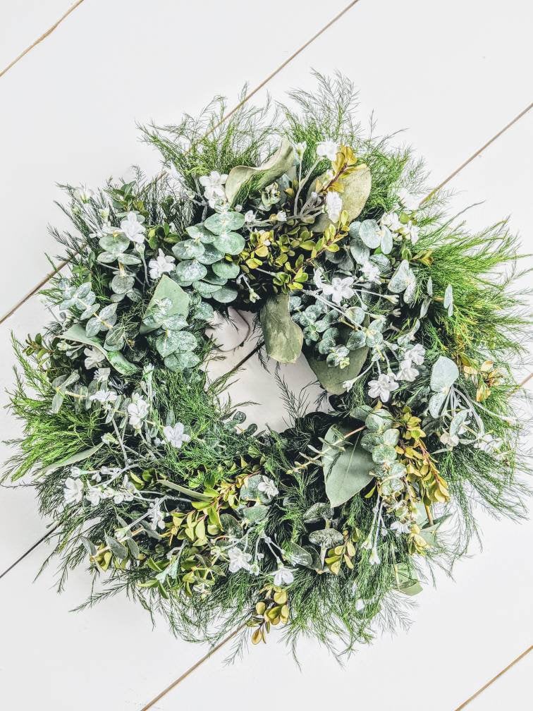 Fresh Eucalyptus Boxwood Spring Wreath for window and door with real babies breath flowers, Rustic Wreath, Farmhouse Wreath, Wedding Wreath