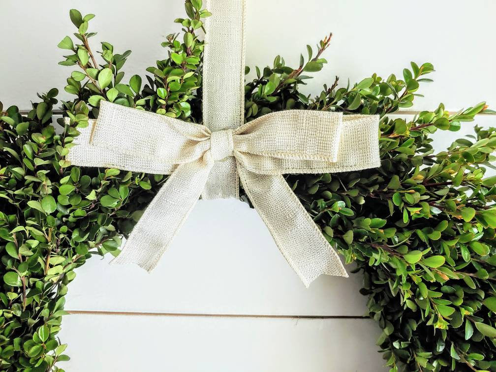 Fresh Boxwood Wreath For Window Or Door With White Bow, Farmhouse Wreath, Rustic Wreath, Green Wreath, Small Mini Wreath, Wedding Wreath