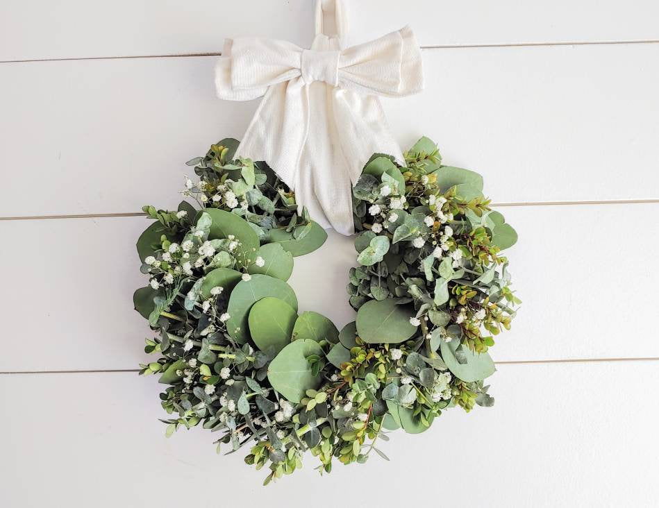 Fresh Eucalyptus Boxwood Wreath With White Bow and Real Baby's Breath Flowers, Green Wreath, Farmhouse Wreath, Rustic Wreath, Wedding Wreath
