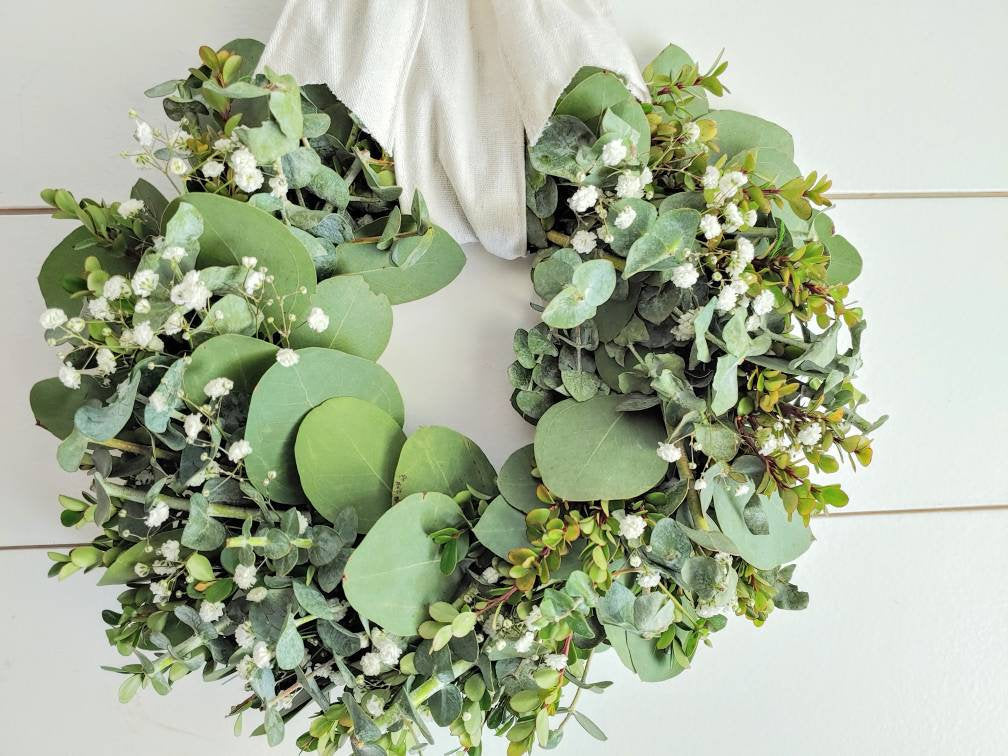 Fresh Eucalyptus Boxwood Wreath With White Bow and Real Baby's Breath Flowers, Green Wreath, Farmhouse Wreath, Rustic Wreath, Wedding Wreath