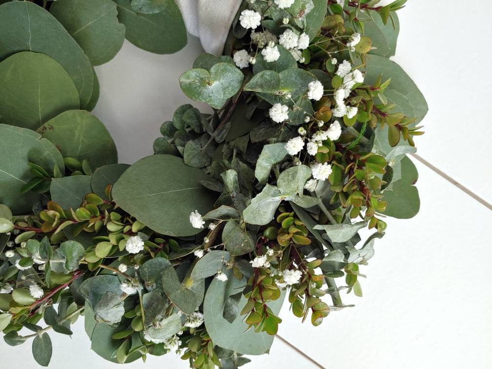 Fresh Eucalyptus Boxwood Wreath With White Bow and Real Baby's Breath Flowers, Green Wreath, Farmhouse Wreath, Rustic Wreath, Wedding Wreath