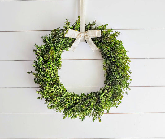 Fresh Boxwood Wreath For Window Or Door With White Bow, Farmhouse Wreath, Rustic Wreath, Green Wreath, Small Mini Wreath, Wedding Wreath