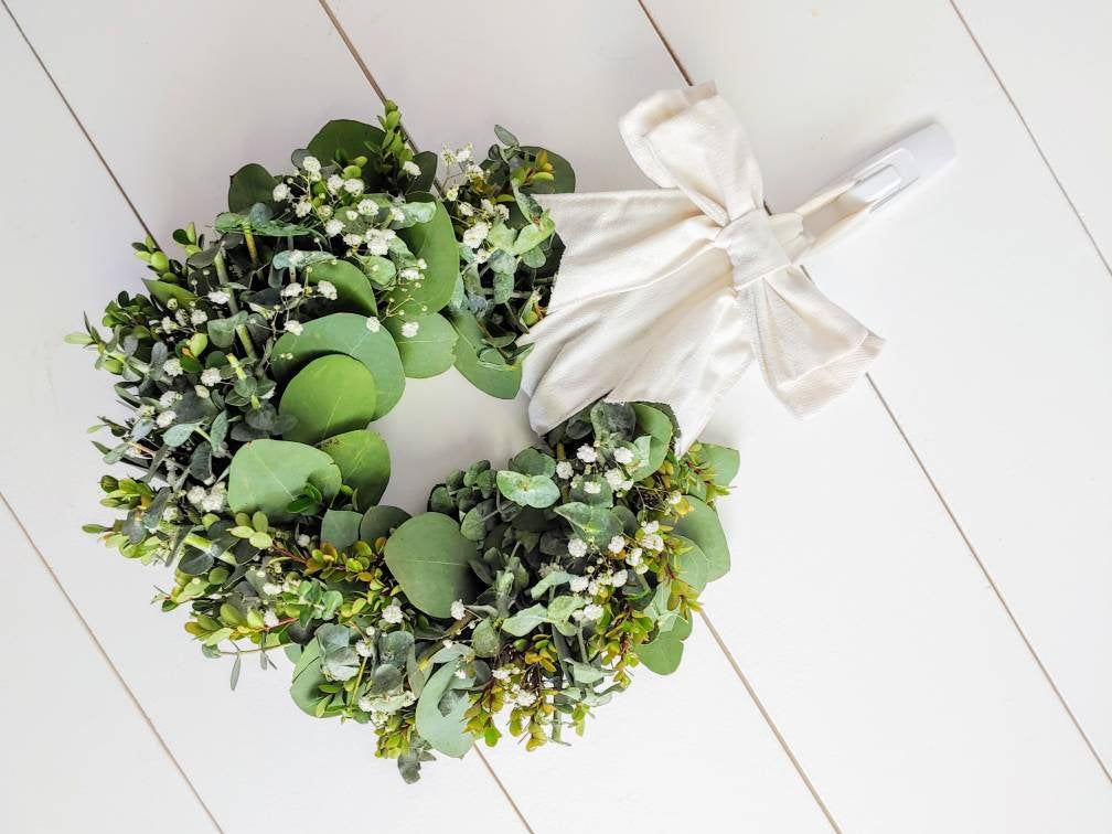 Fresh Eucalyptus Boxwood Wreath With White Bow and Real Baby's Breath Flowers, Green Wreath, Farmhouse Wreath, Rustic Wreath, Wedding Wreath