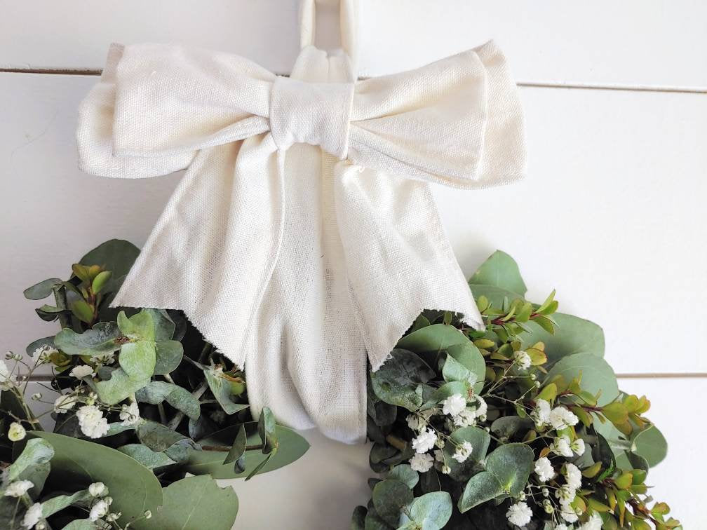 Fresh Eucalyptus Boxwood Wreath With White Bow and Real Baby's Breath Flowers, Green Wreath, Farmhouse Wreath, Rustic Wreath, Wedding Wreath