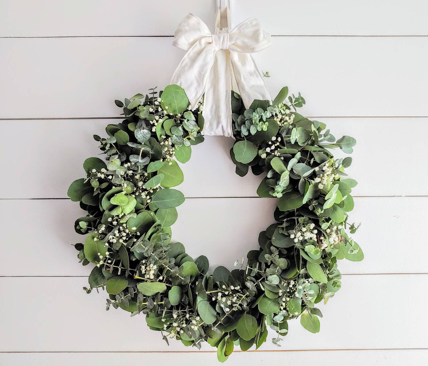 Fresh Eucalyptus Boxwood Wreath With White Bow and Real Baby's Breath Flowers, Green Wreath, Farmhouse Wreath, Rustic Wreath, Wedding Wreath