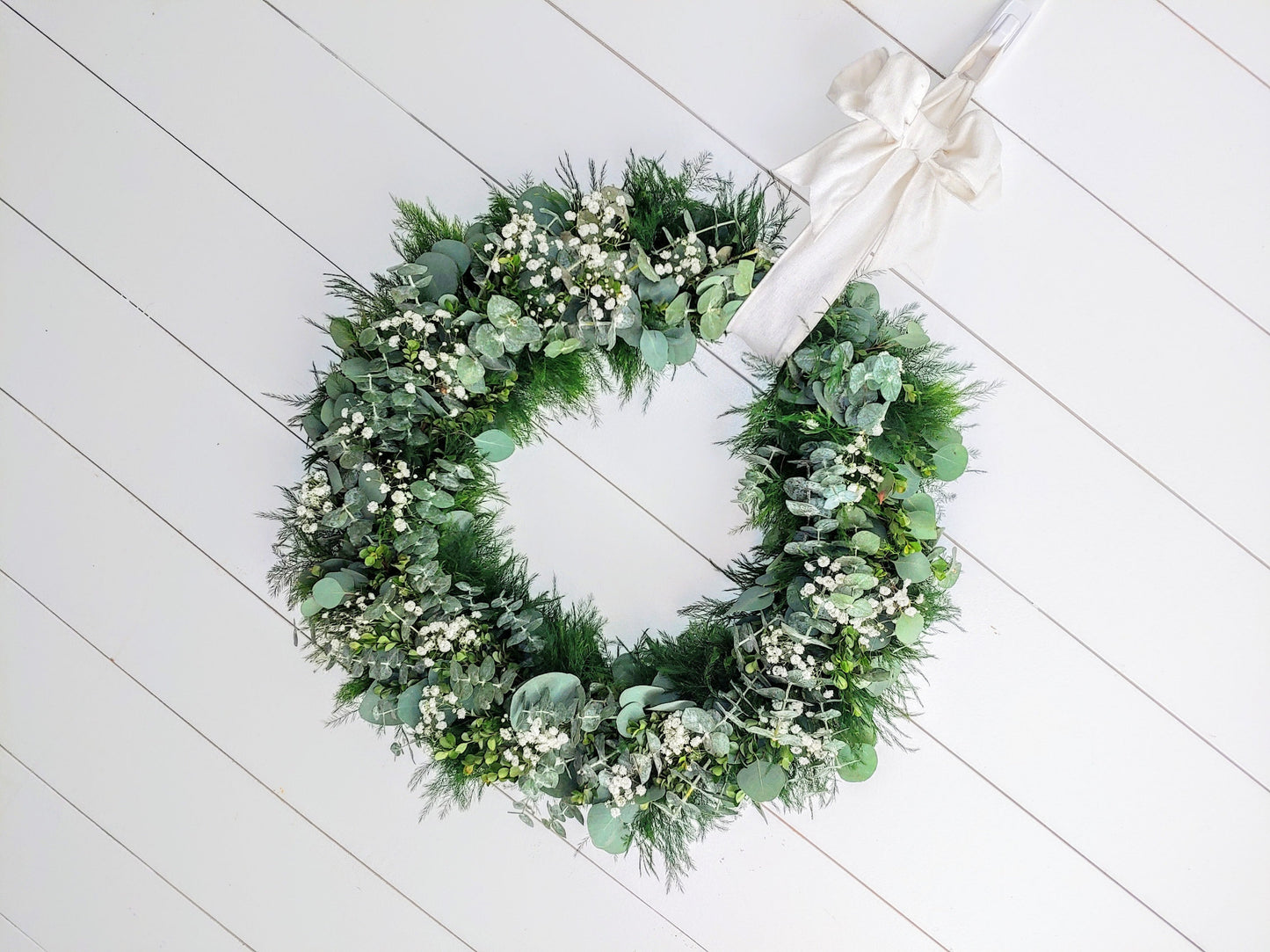 Fresh Eucalyptus Boxwood Wreath With White Bow and Babies Breath Flowers, Green Wreath, Farmhouse Wreath, Rustic Wreath, Wedding Wreath