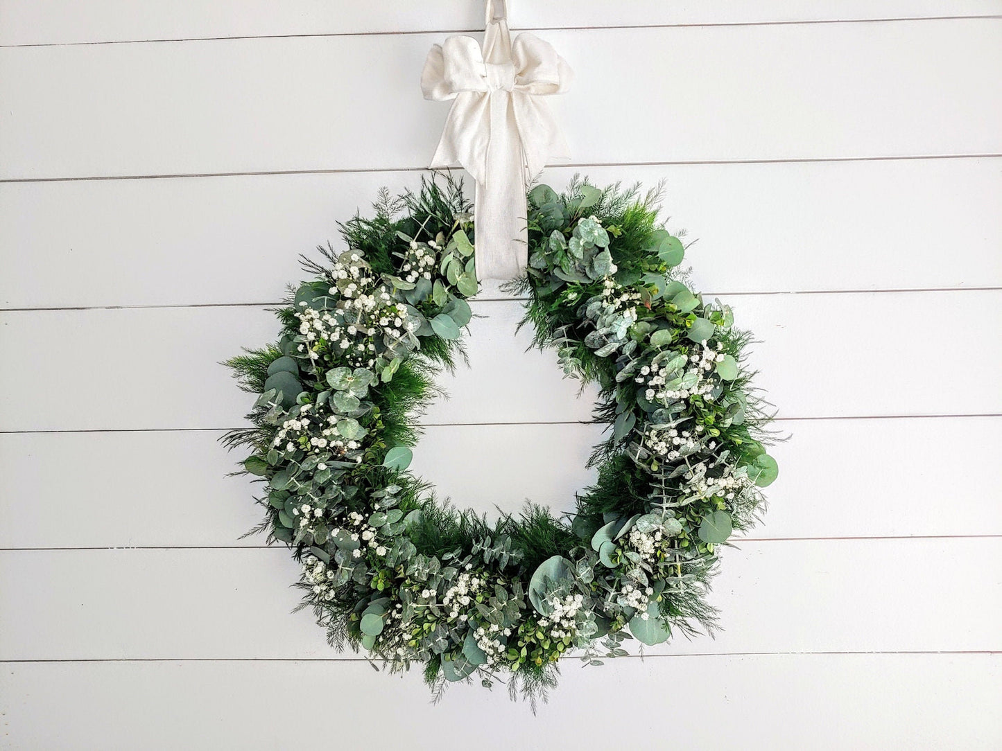 Fresh Eucalyptus Boxwood Wreath With White Bow and Babies Breath Flowers, Green Wreath, Farmhouse Wreath, Rustic Wreath, Wedding Wreath