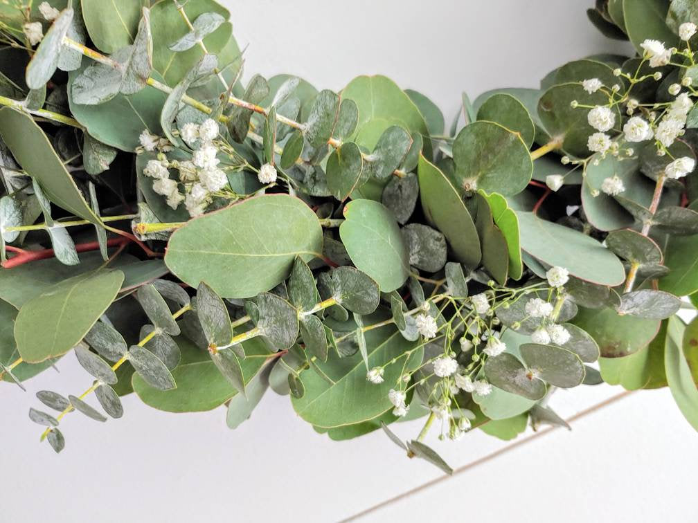 Fresh Eucalyptus Boxwood Wreath With White Bow and Real Baby's Breath Flowers, Green Wreath, Farmhouse Wreath, Rustic Wreath, Wedding Wreath