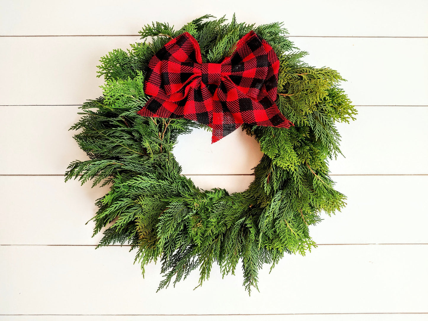 Fresh Christmas Wreath Cedar Cypress And Red Burlap Buffalo Bow, Live Christmas Wreath, Live Evergreen Christmas Wreath