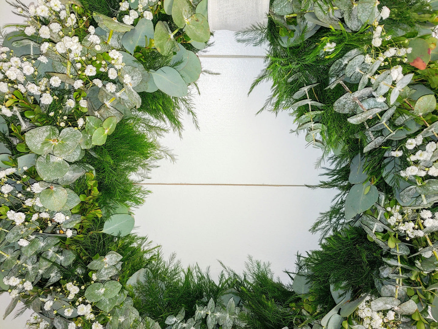 Fresh Eucalyptus Boxwood Wreath With White Bow and Babies Breath Flowers, Green Wreath, Farmhouse Wreath, Rustic Wreath, Wedding Wreath