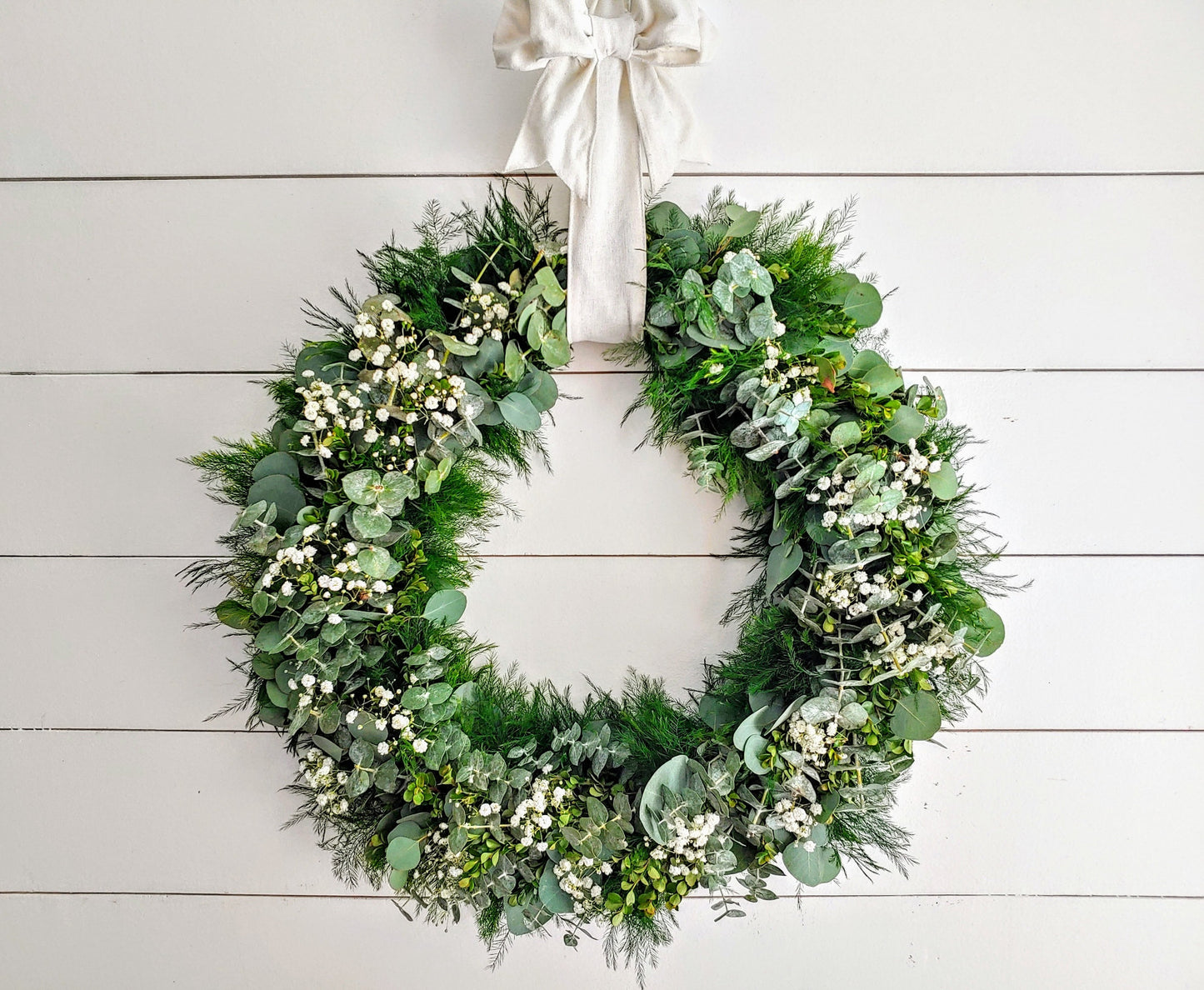 Fresh Eucalyptus Boxwood Wreath With White Bow and Babies Breath Flowers, Green Wreath, Farmhouse Wreath, Rustic Wreath, Wedding Wreath