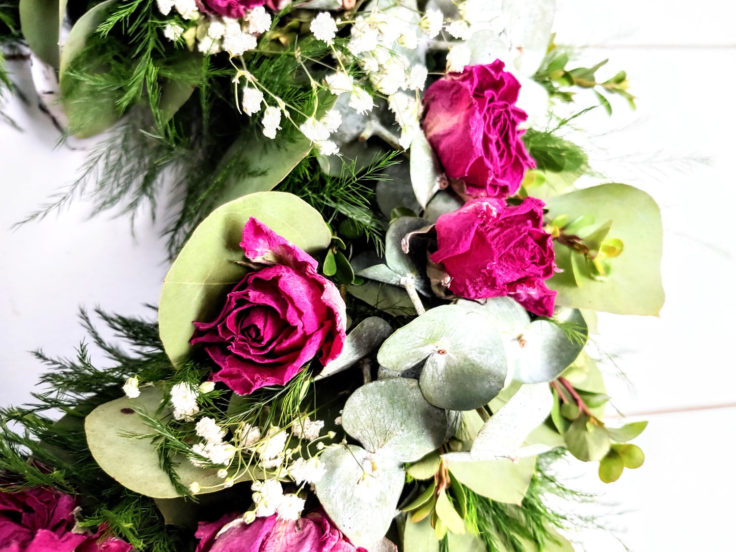 Fresh Eucalyptus Boxwood Wreath With Dried Pink Roses and Babies Breath, Green Wreath, Farmhouse Wreath, Rustic Wreath, Wedding Wreath