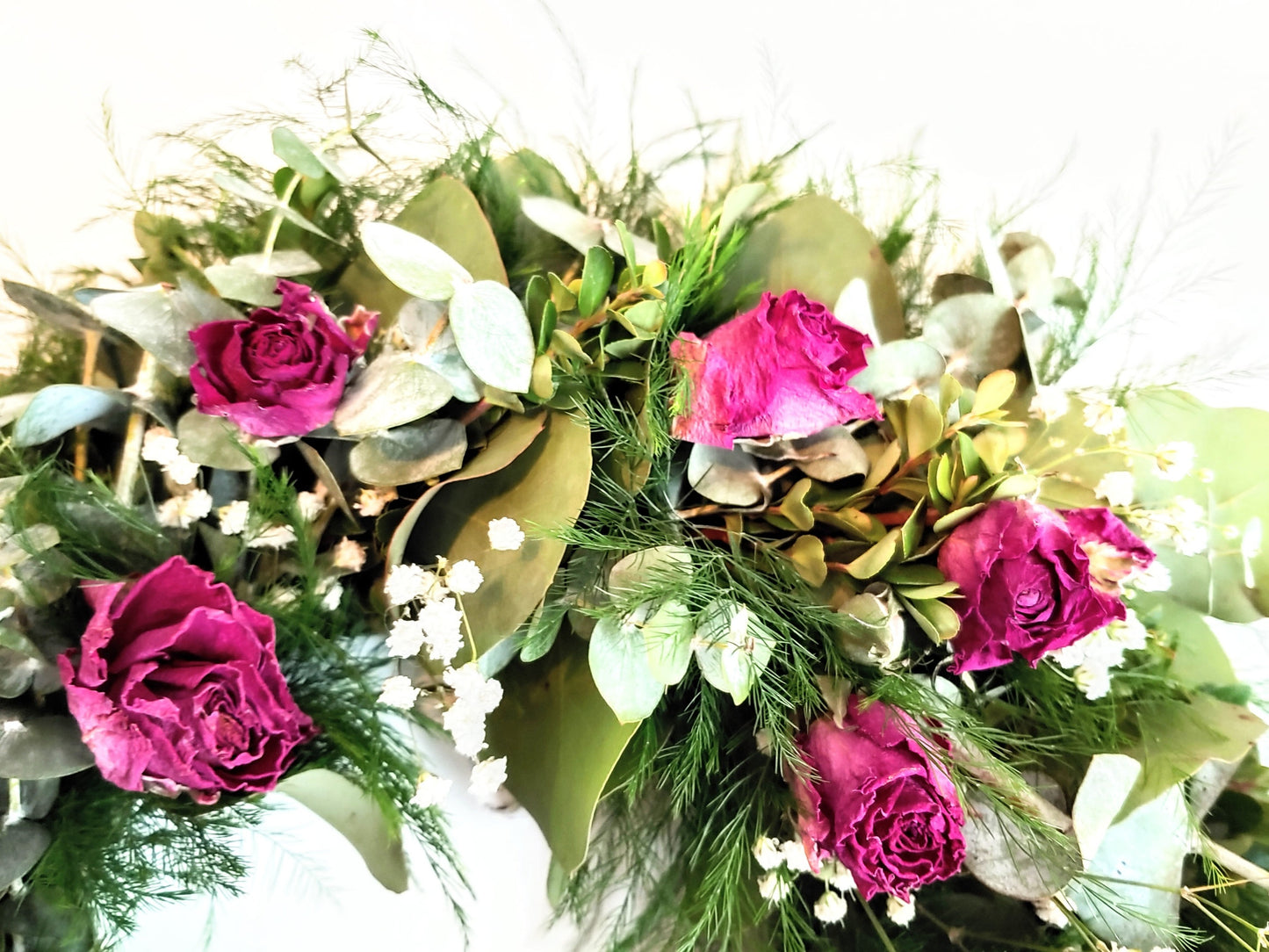 Fresh Eucalyptus Boxwood Wreath With Dried Pink Roses and Babies Breath, Green Wreath, Farmhouse Wreath, Rustic Wreath, Wedding Wreath