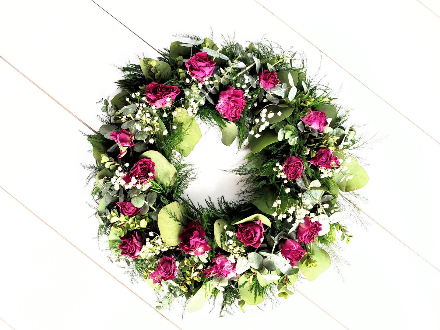 Fresh Eucalyptus Boxwood Wreath With Dried Pink Roses and Babies Breath, Green Wreath, Farmhouse Wreath, Rustic Wreath, Wedding Wreath