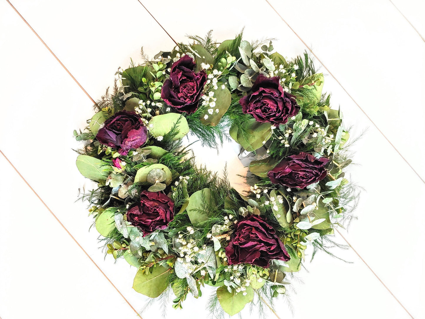 Fresh Eucalyptus Boxwood Wreath With Dried Red Roses and Babies Breath, Green Wreath, Farmhouse Wreath, Rustic Wreath, Wedding Wreath