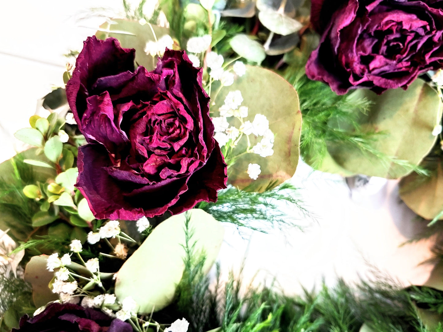 Fresh Eucalyptus Boxwood Wreath With Dried Red Roses and Babies Breath, Green Wreath, Farmhouse Wreath, Rustic Wreath, Wedding Wreath